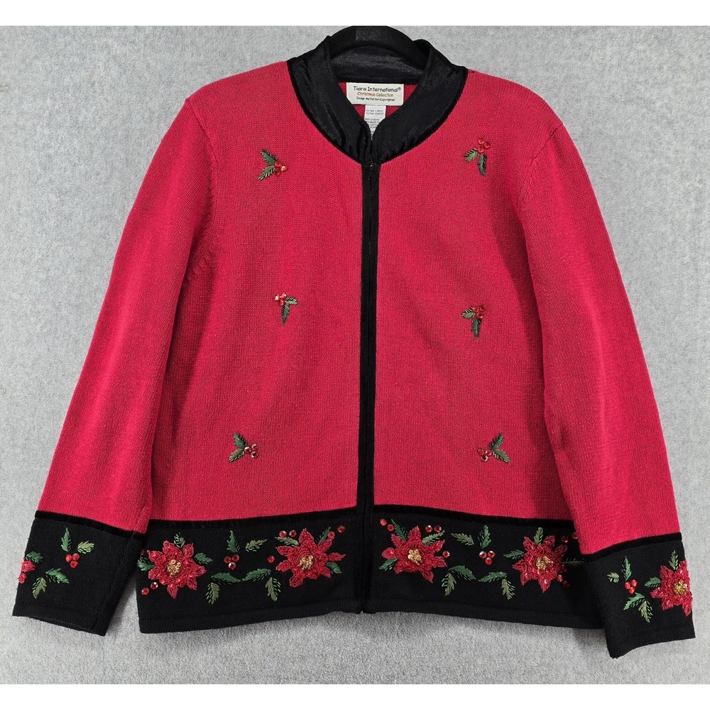 Vtg Christmas Zip Cardigan Sz XL Tiara Int'l‎ Red Black Poinsettia Embroidered